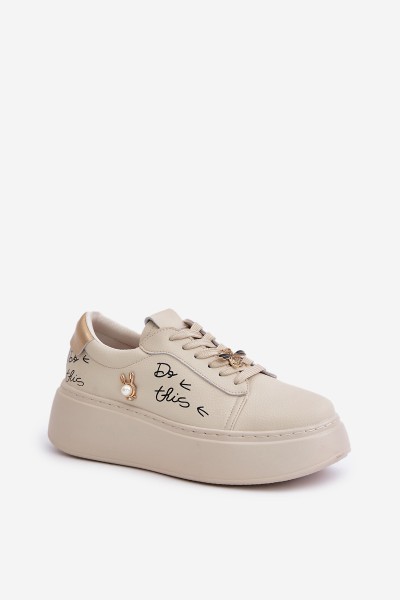 Women Leather Sneakers On Platform With Appliqués And Writing Vinceza 89102 Beige 2