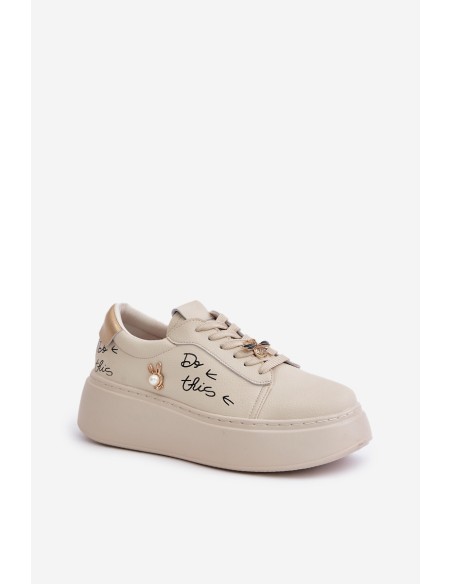 Women Leather Sneakers On Platform With Appliqués And Writing Vinceza 89102 Beige