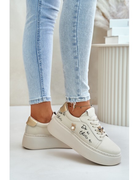 Women Leather Sneakers On Platform With Appliqués And Writing Vinceza 89102 Beige
