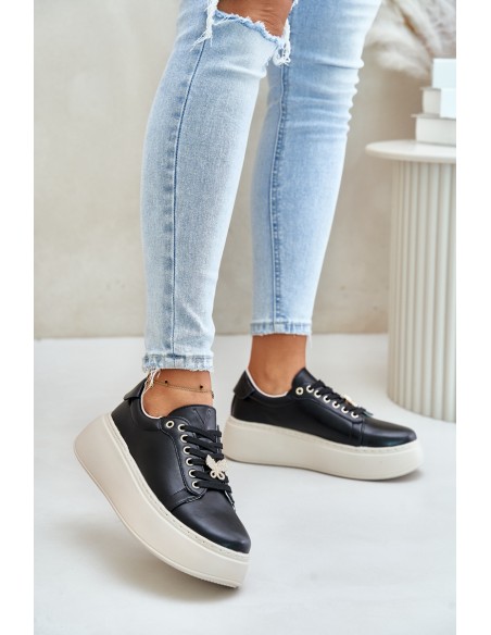 Leather Women's Platform Sneakers With Brooch Vinceza 89101 Black