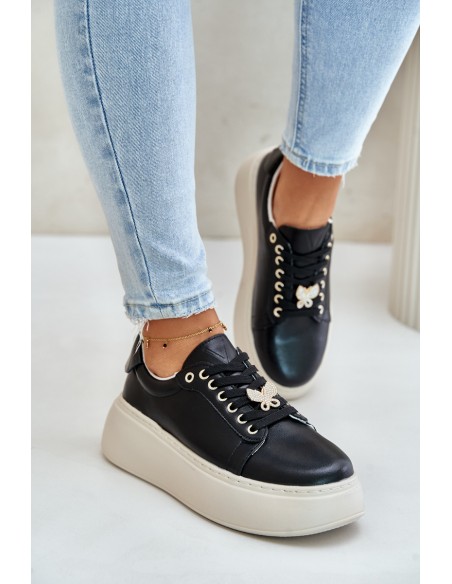 Leather Women's Platform Sneakers With Brooch Vinceza 89101 Black