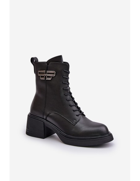 Women's Ankle Boots On Chunky Heels Insulated Made Of Natural Leather Black Vinceza 66682