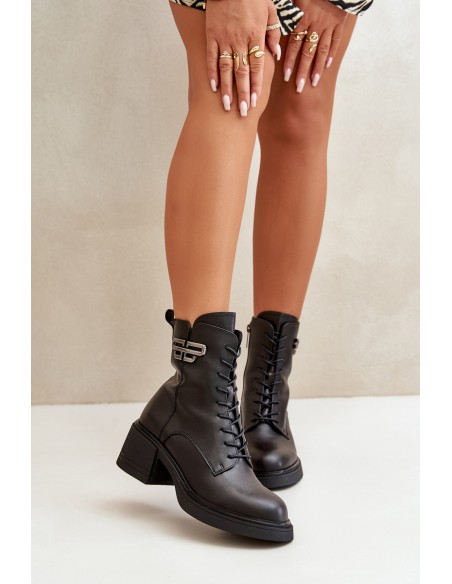 Women's Ankle Boots On Chunky Heels Insulated Made Of Natural Leather Black Vinceza 66682