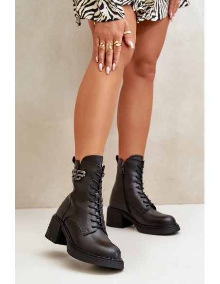 Women's Ankle Boots On Chunky Heels Insulated Made Of Natural Leather Black Vinceza 66682