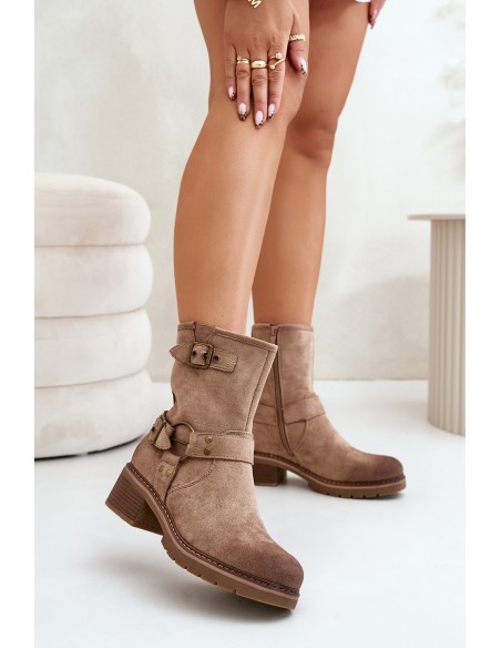 Womens Low Heel Boots With Buckles Dark Beige Zudra