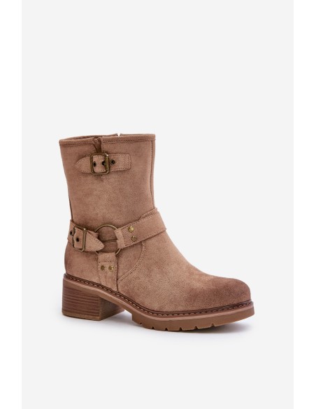 Womens Low Heel Boots With Buckles Dark Beige Zudra