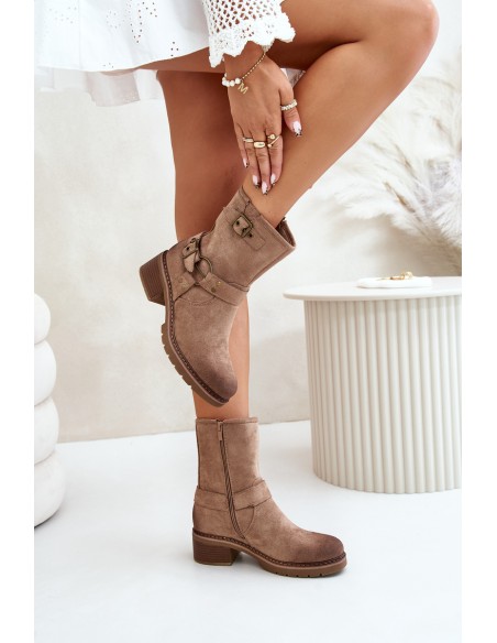 Womens Low Heel Boots With Buckles Dark Beige Zudra