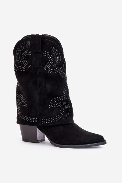 Embellished ankle boots cowboy style mid-calf on heel black HY42-153 2