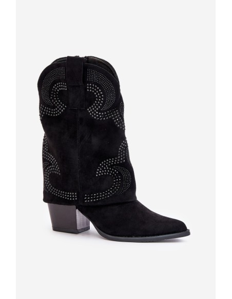 Embellished ankle boots cowboy style mid-calf on heel black HY42-153