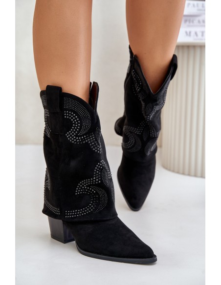 Embellished ankle boots cowboy style mid-calf on heel black HY42-153