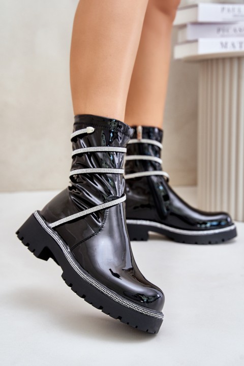 Lacquered Ankle Boots With Decoration Black Kikizelle