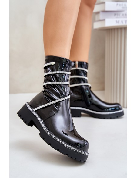 Lacquered Ankle Boots With Decoration Black Kikizelle