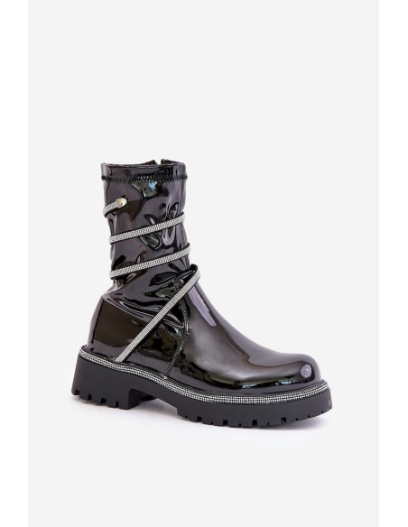Lacquered Ankle Boots With Decoration Black Kikizelle