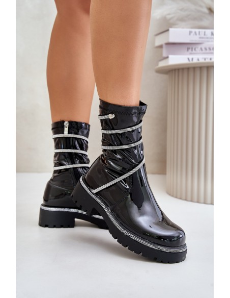 Lacquered Ankle Boots With Decoration Black Kikizelle