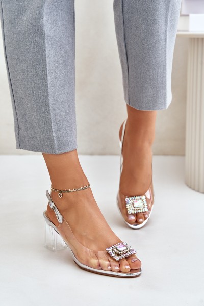 Transparent Sandals With Brooch On The Heel MR42-031 Silver