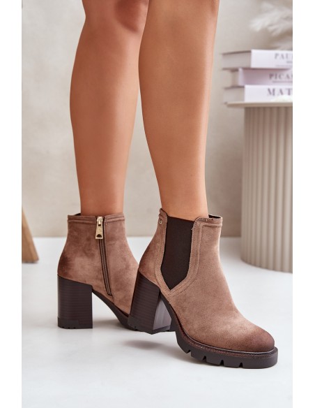 Warm Women's Heeled Boots Made of Eco Suede Beige Vinceza 58356