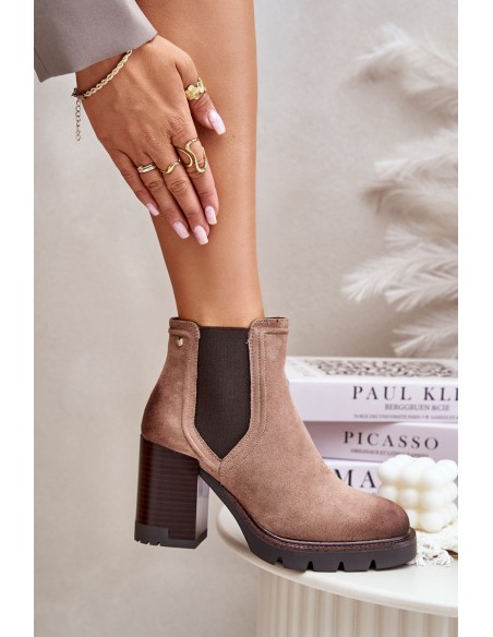 Warm Women's Heeled Boots Made of Eco Suede Beige Vinceza 58356