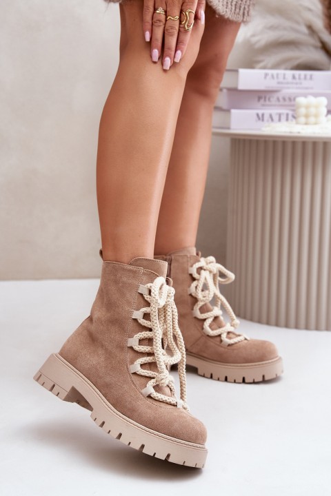 Warm ankle boots made of eco suede with a zipper beige Caellita