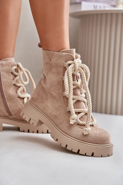 Warm ankle boots made of eco suede with zipper light beige Caellita