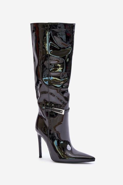 Lacquered Insulated Stiletto Boots With Buckle Black Tameliae