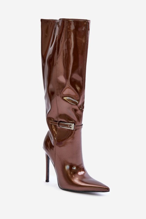 Lacquered insulated boots on a stiletto heel with a buckle brown Tameliae