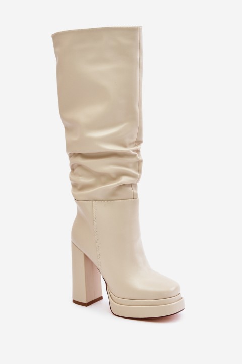 Slip-on ankle boots on a heel and platform with gathering warm light beige Beridra