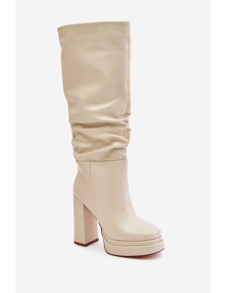 Slip-on ankle boots on a heel and platform with gathering warm light beige Beridra