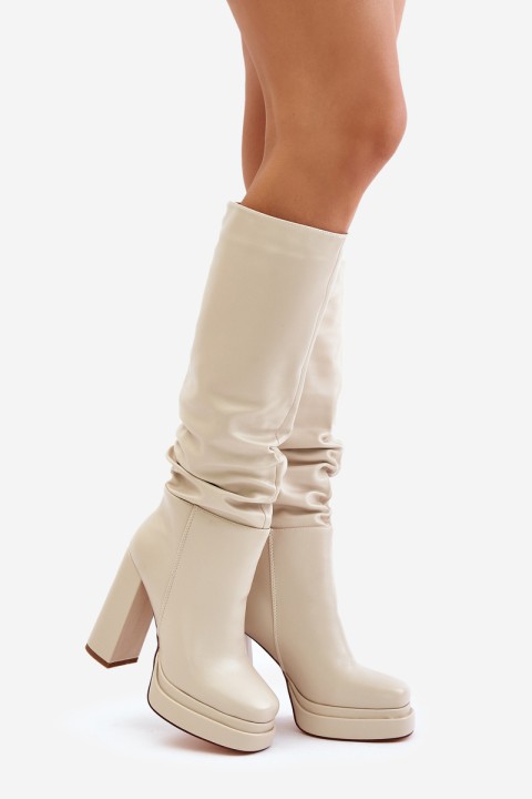 Slip-on ankle boots on a heel and platform with gathering warm light beige Beridra