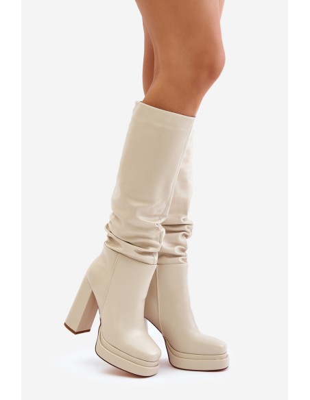 Slip-on ankle boots on a heel and platform with gathering warm light beige Beridra