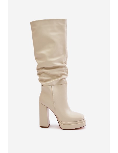 Slip-on ankle boots on a heel and platform with gathering warm light beige Beridra