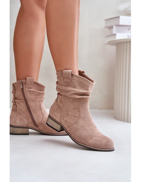 Insulated Ankle Boots With Wrinkling On Low Heel Beige Elletinnia