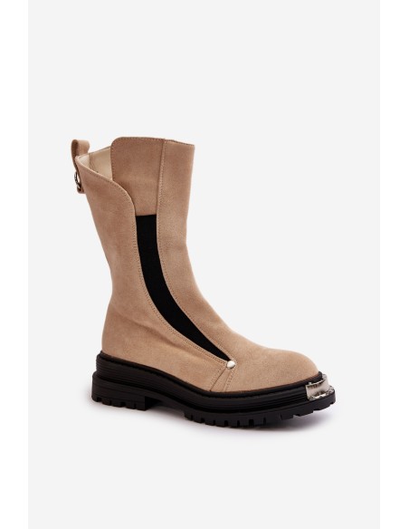 Suede Insulated Boots On Flat Heel Light Beige Palimra