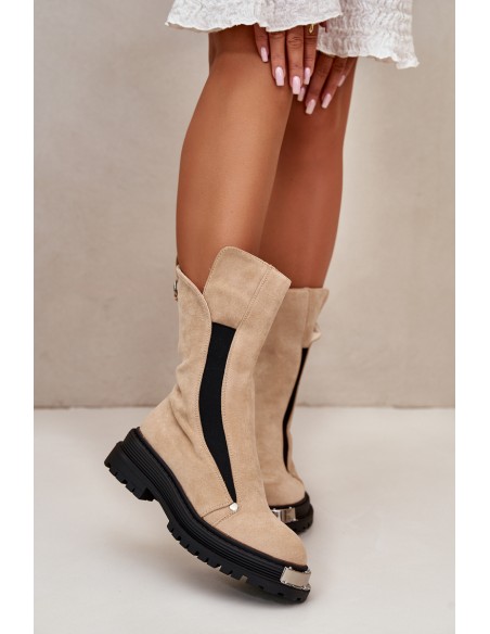 Suede Insulated Boots On Flat Heel Light Beige Palimra