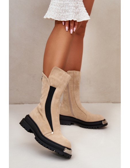 Suede Insulated Boots On Flat Heel Light Beige Palimra
