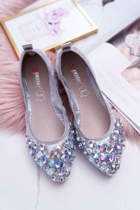 Leather Ballerinas with Stones Silver Crystal