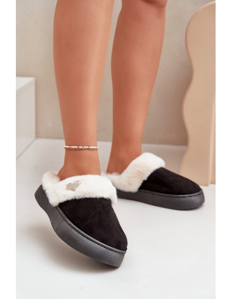 Women's Slippers With Fur And Decorative Heart Black Otielo