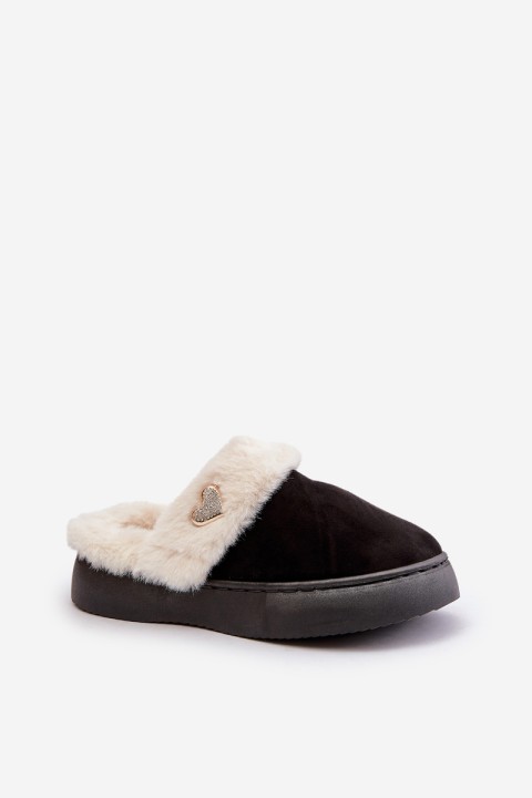 Women's Slippers With Fur And Decorative Heart Black Otielo