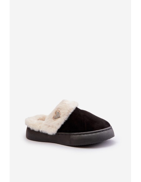 Women's Slippers With Fur And Decorative Heart Black Otielo