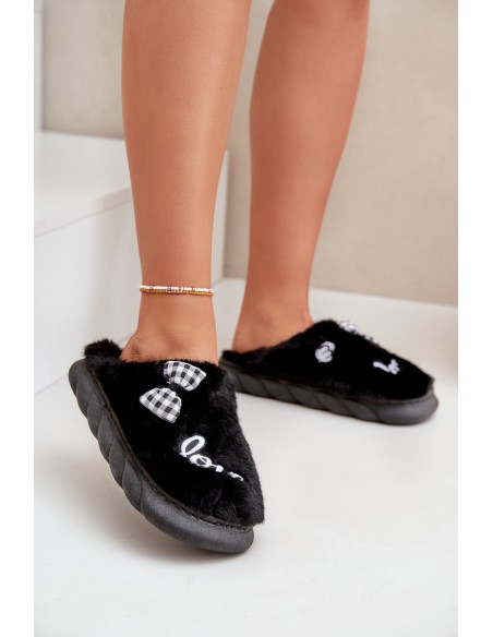 Women's Fleece Slippers With Patches And Bow Black Linnorelia