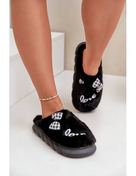 Women's Fleece Slippers With Patches And Bow Black Linnorelia