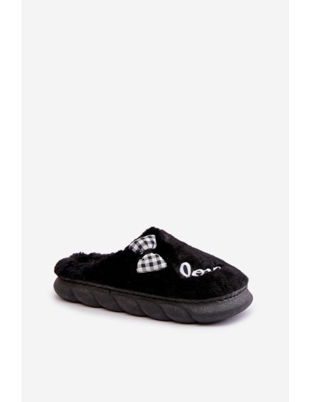 Women's Fleece Slippers With Patches And Bow Black Linnorelia