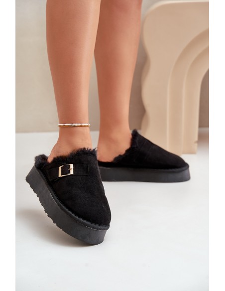 Women's Slippers On Thick Sole With Fur And Buckle Black Linneola