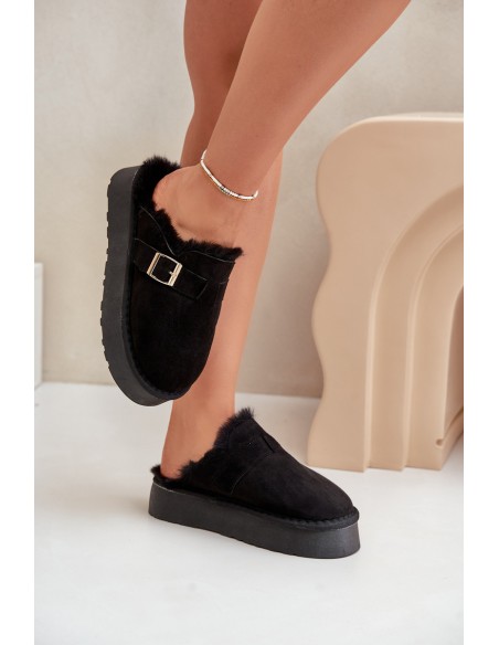 Women's Slippers On Thick Sole With Fur And Buckle Black Linneola