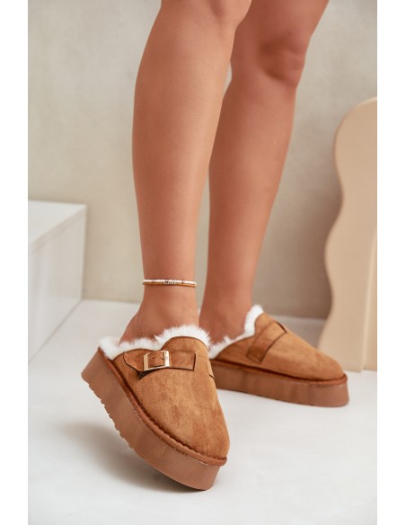 Women's slippers on a thick sole with fur and a buckle Camel Linneola