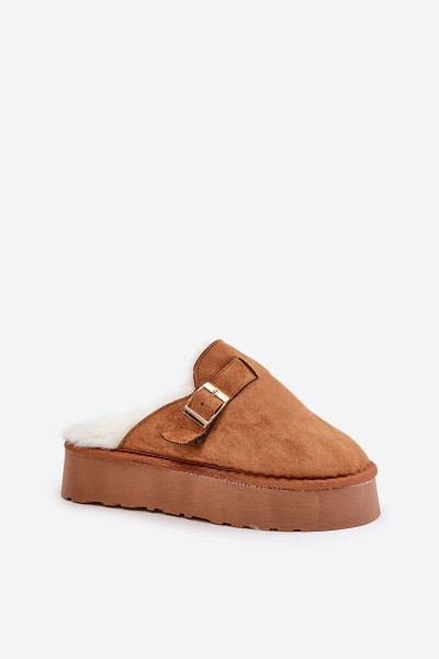 Women's slippers on a thick sole with fur and a buckle Camel Linneola 2