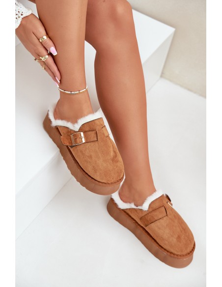 Women's slippers on a thick sole with fur and a buckle Camel Linneola