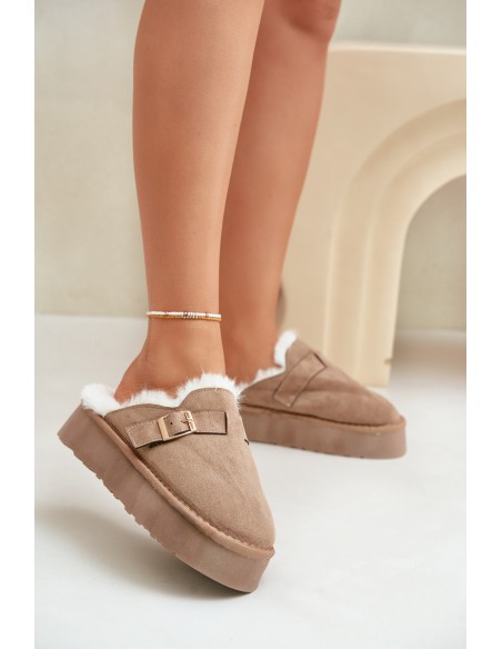 Women's slippers with thick sole with fur and buckle dark beige Linneola