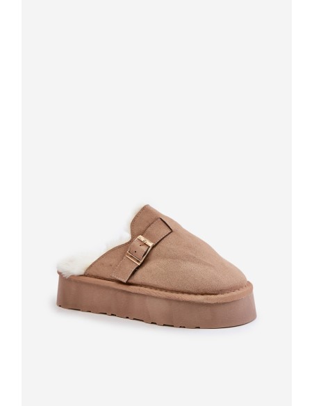 Moteriškos šlepetės storu padu su kailiu ir sagtimi tamsiai smėlio spalvos Linneola