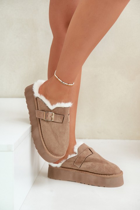 Women's slippers with thick sole with fur and buckle dark beige Linneola