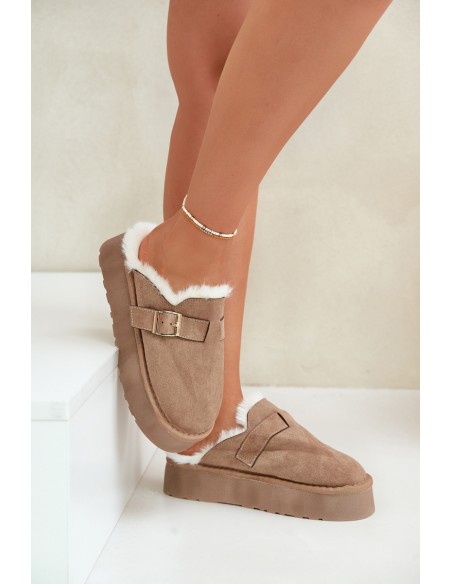 Women's slippers with thick sole with fur and buckle dark beige Linneola
